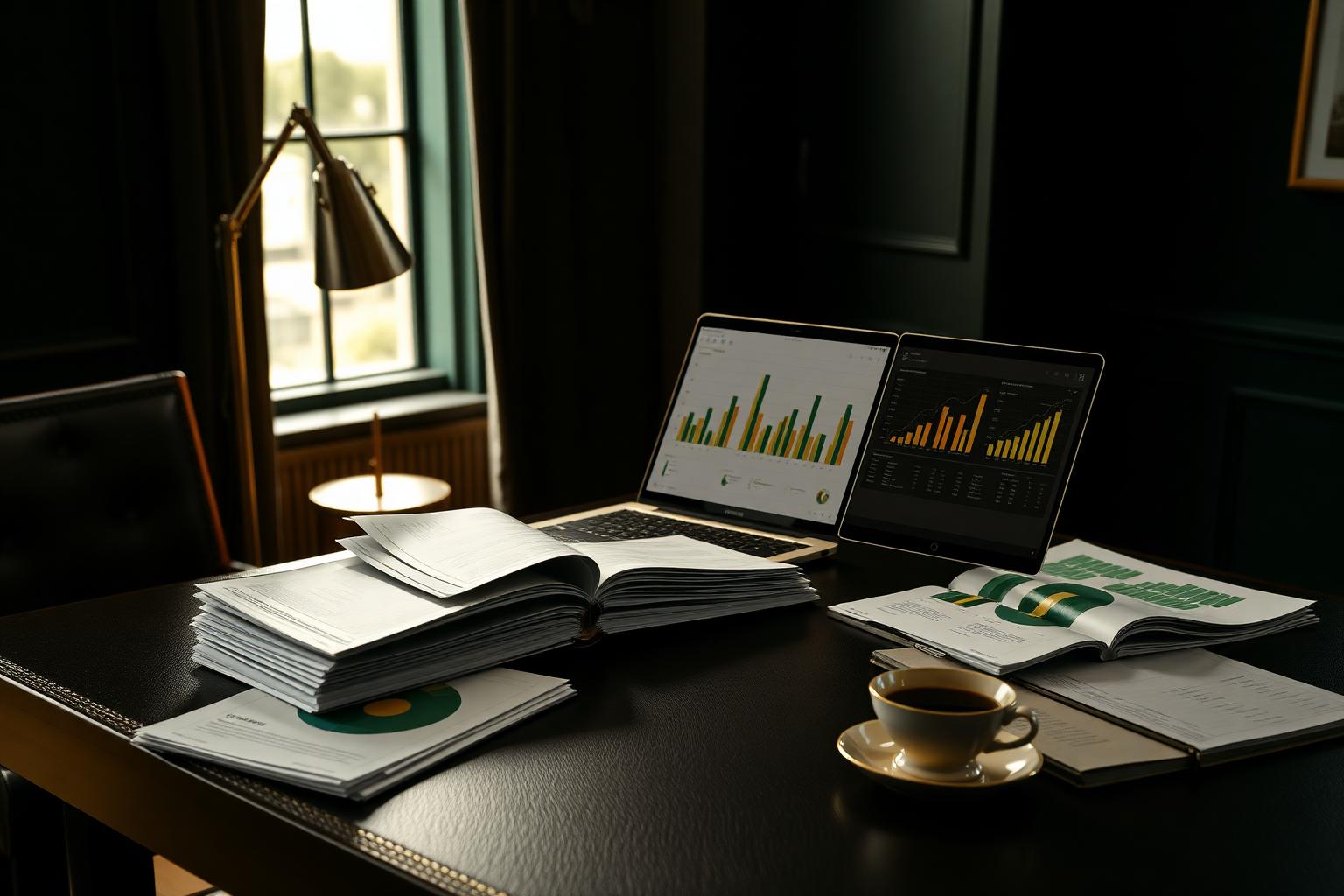 Mesa de consultoria com laptops exibindo análises financeiras e documentos de estratégia