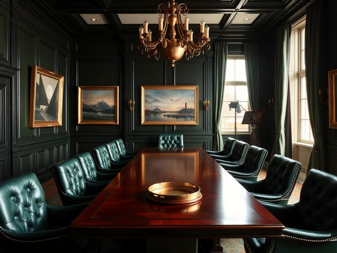 Sala de conselho clássica com mesa de mogno, cadeiras de couro verde e lustre de latão