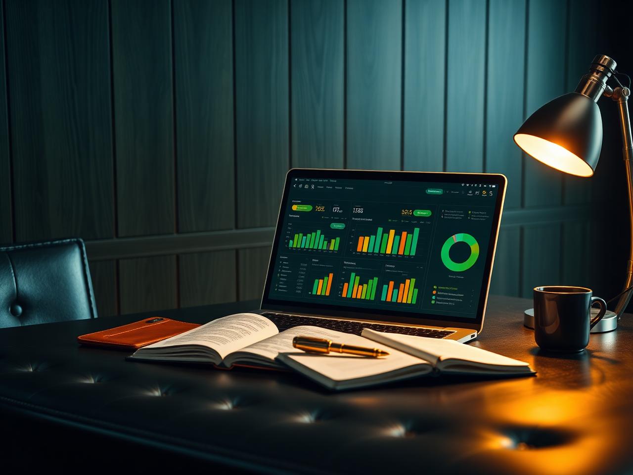 Laptop exibindo painel de indicadores financeiros em escritório verde-escuro