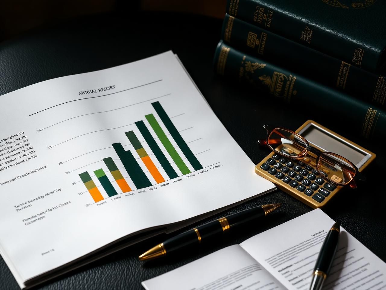 Relatório financeiro anual com gráficos, calculadora de latão e óculos sobre livros