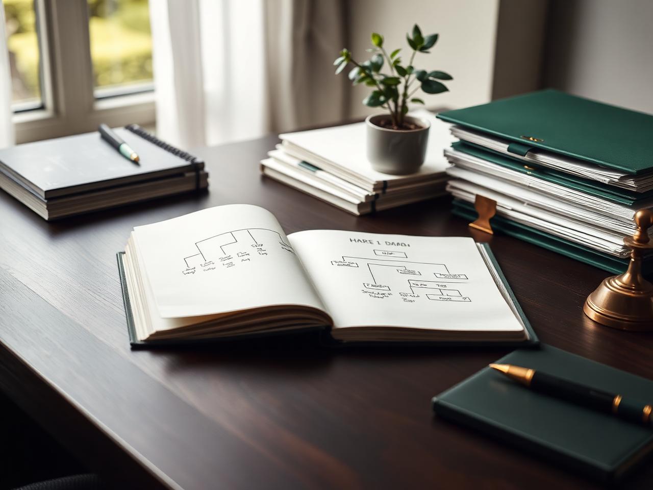 Caderno com organograma desenhado à mão e pastas de consultoria em RH