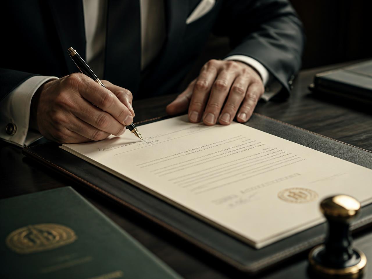 Assinatura de contrato societário com caneta-tinteiro
